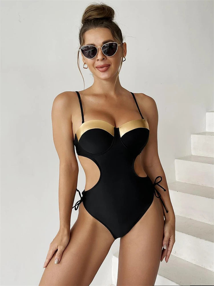 Maillot de bain une pièce noir pour femmes, monokini amissié