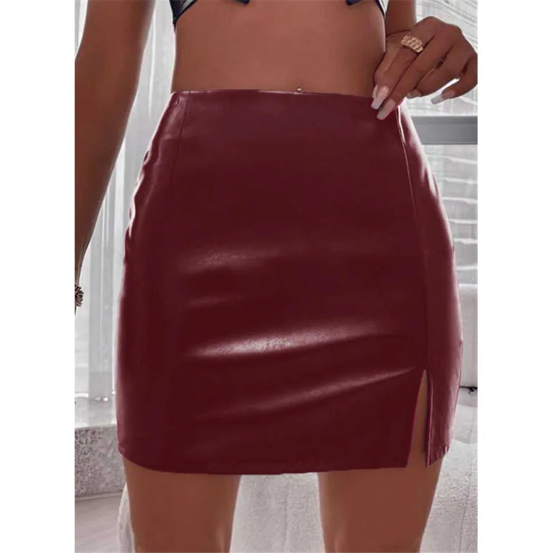 Mini jupes en cuir PU fendu taille haute pour femmes