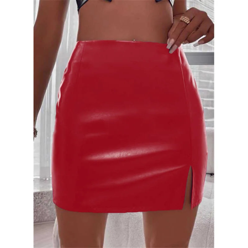 Mini jupes en cuir PU fendu taille haute pour femmes
