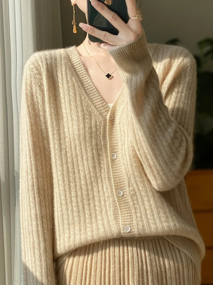 Cardigan à col en v pour femme, pull en cachemire