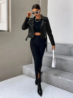 Veste en cuir noir à revers court pour femmes