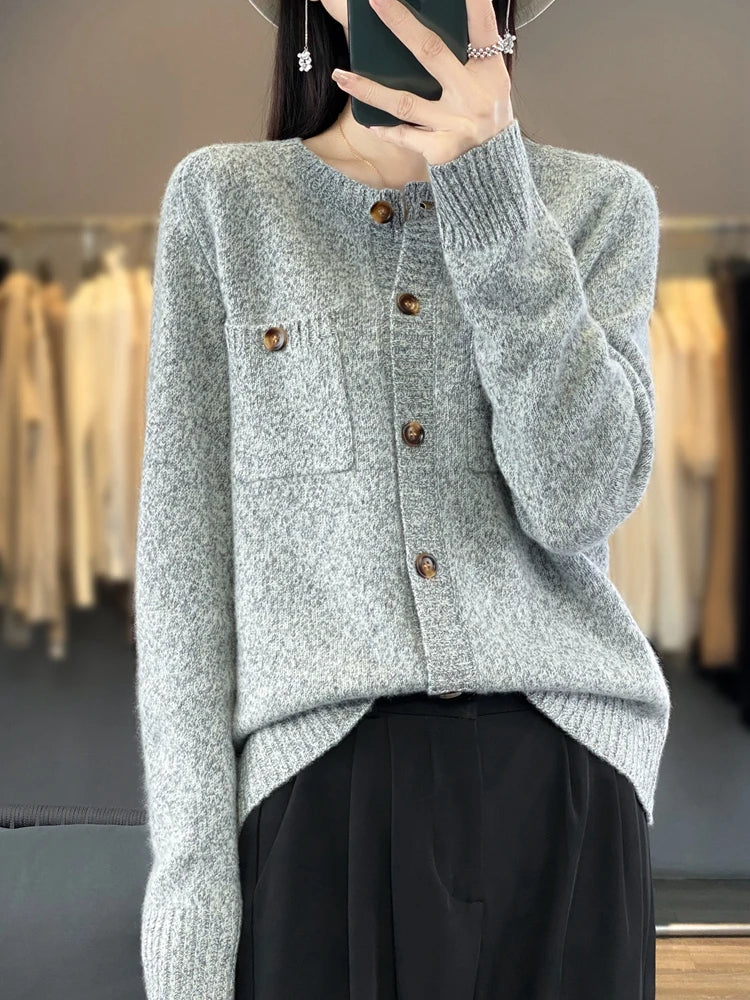 Pull cardigan en laine avec poches pour femmes, col rond, haut à manches longues