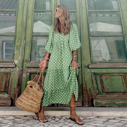 Robe longue à volants pour femmes, imprimé floral, style boho, col en v, manches bouffantes