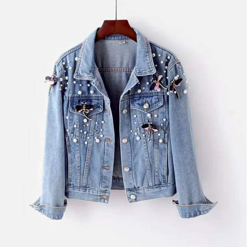 Veste en jean pour femme ample avec perles