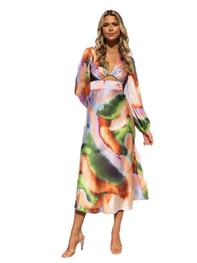 Robe longue en Satin pour femmes, Sexy, moulante, imprimé Tie Dye, manches longues, décolleté en v profond, ajouré