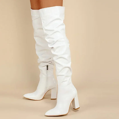 Bottes élégantes pour femmes, au-dessus du genou, couture en cuir PU, talons hauts carrés de 10CM