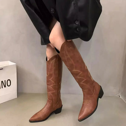 Bottes de cowgirl à enfiler pour femmes, talon bas carré élégant,  hauteur au genou