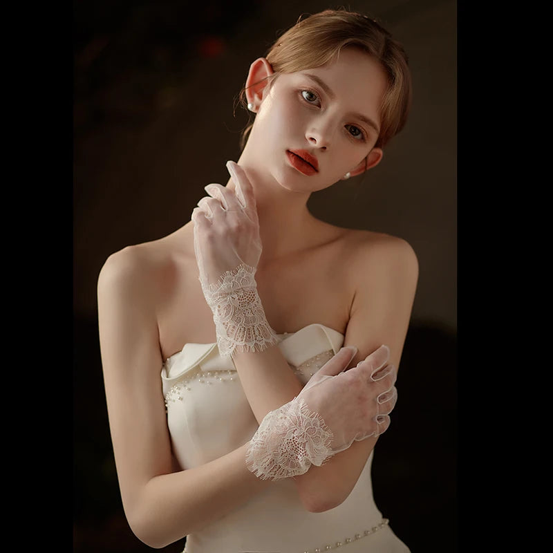 Gants de Poignet Courts en Dentelle et Tulle Blanc pour Femme