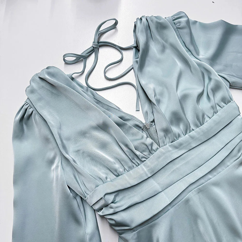 Robe de Soirée en Satin Évasée à Manches pour Femme