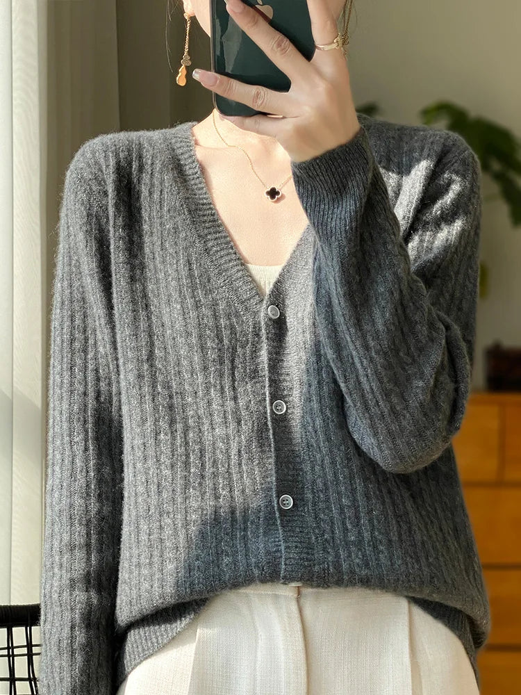 Cardigan à col en v pour femme, pull en cachemire