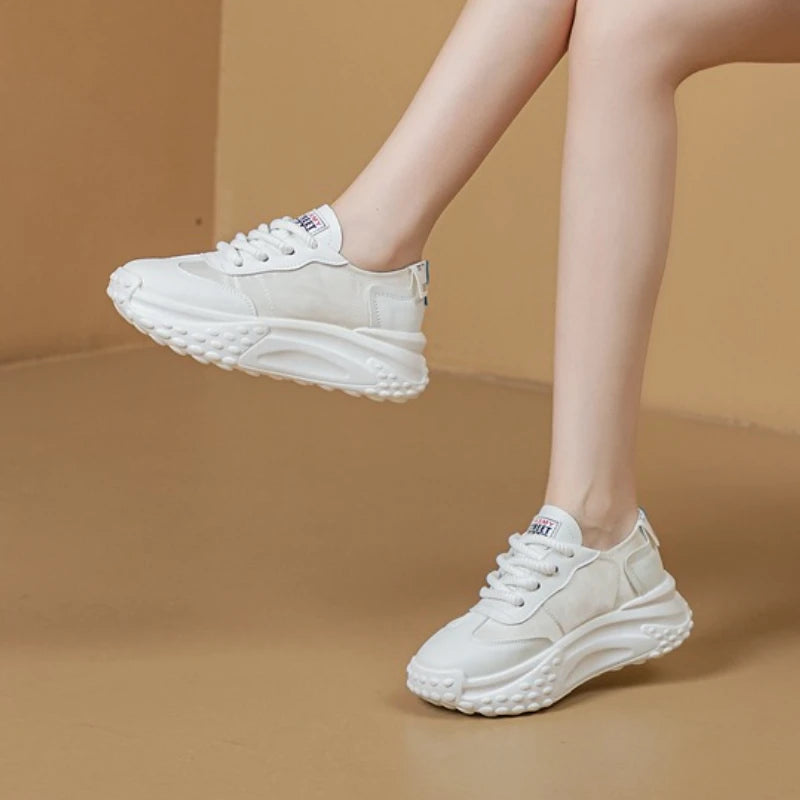 Baskets compensées en cuir véritable pour femmes, 6cm