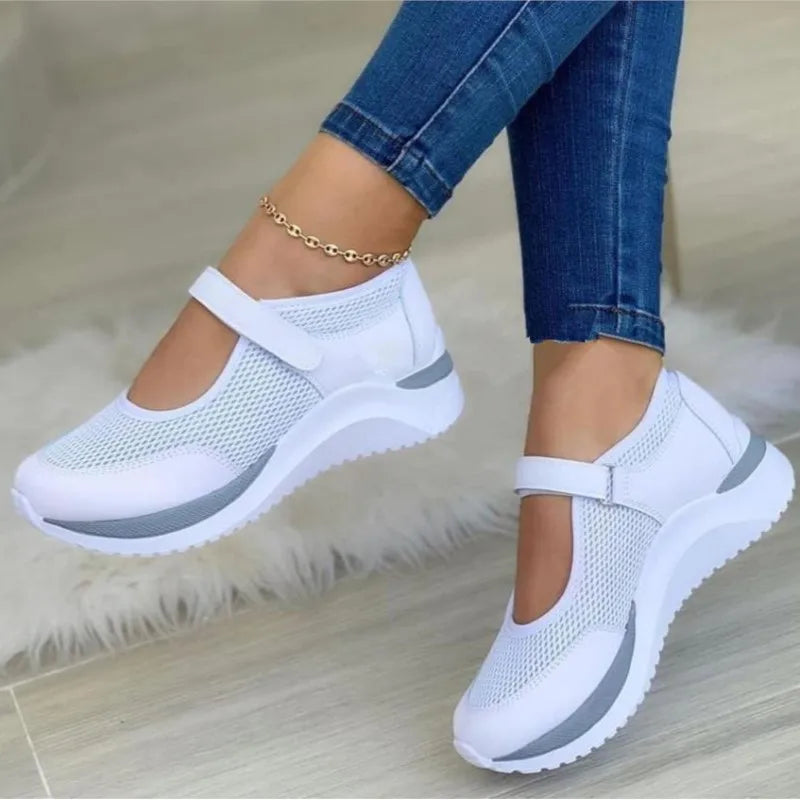 Baskets Blanches Décontractées à Plateforme pour Femme, Chaussures en Maille Respirante