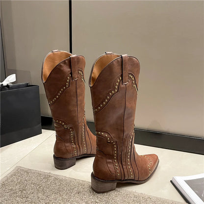 Bottes cloutées pour femmes talon bas Cowboy Chelsea Western court en cuir