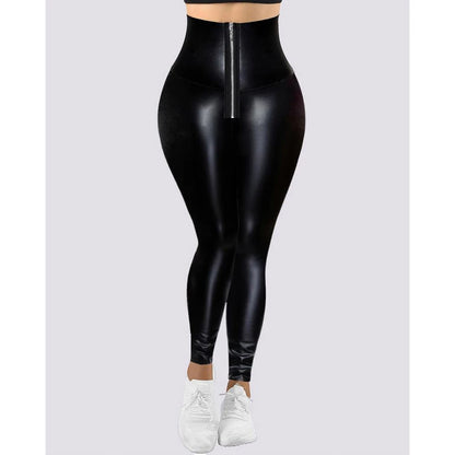 Leggings taille haute en cuir PU pour femme,