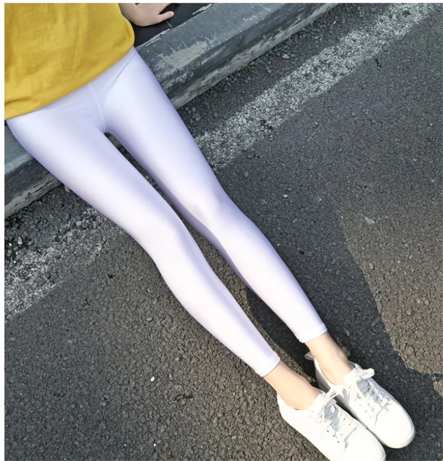 Legging de yoga sexy longueur cheville, couleur bonbon, soie glacée brillante, slim, taille haute pour femmes