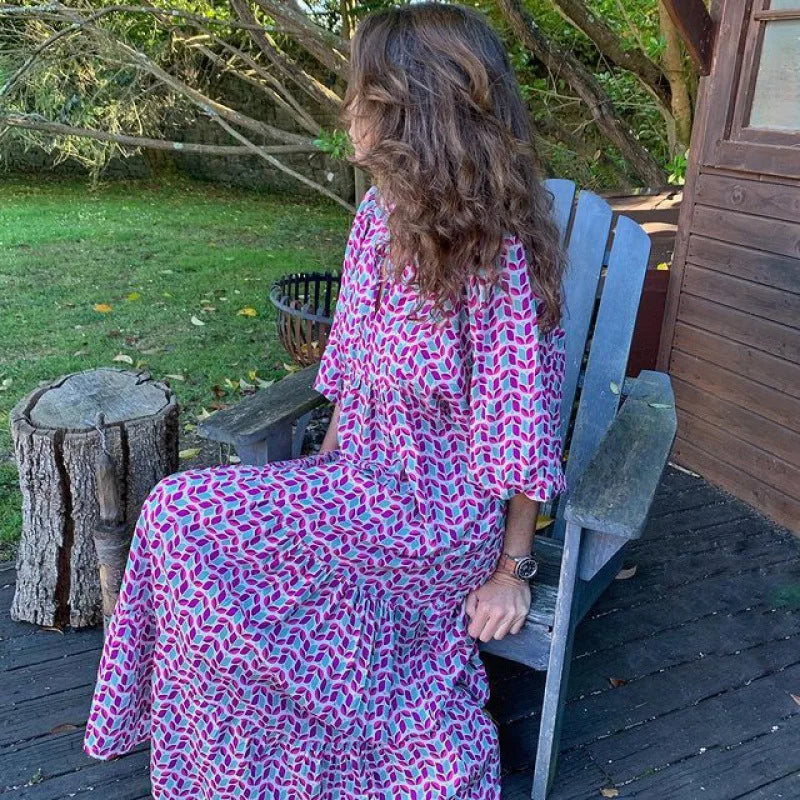 Robe longue à volants pour femmes, imprimé floral, style boho, col en v, manches bouffantes