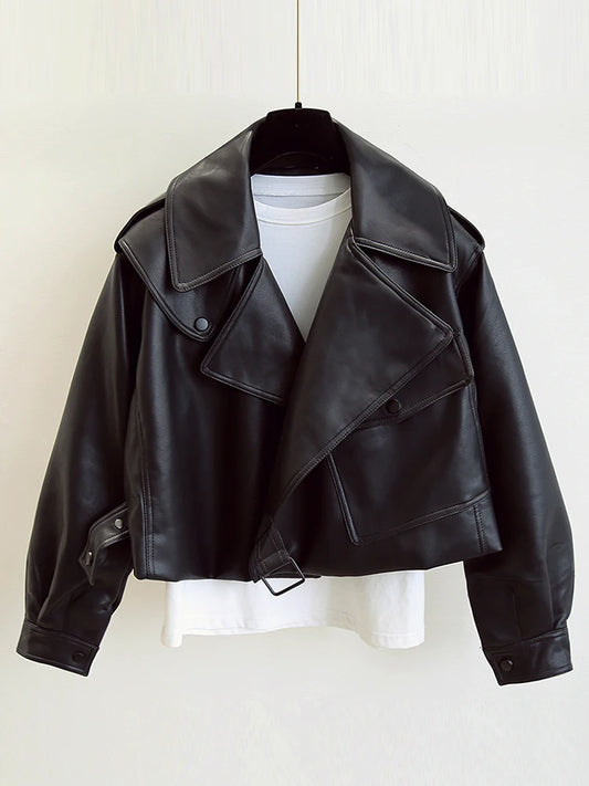 Blouson de motard en similicuir femme, col rabattu,