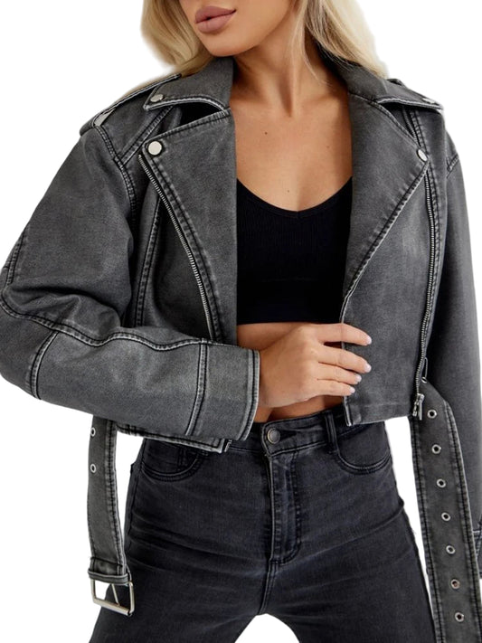 Veste en faux cuir courte avec ceinture pour femmes