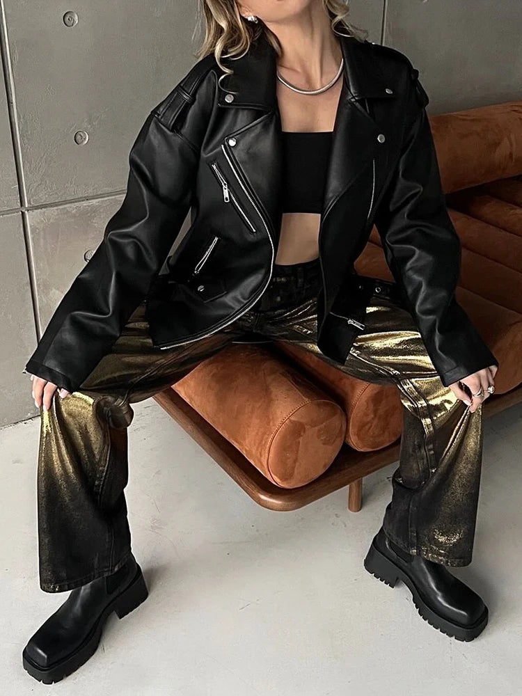 Veste  noir en faux cuir pour femmes