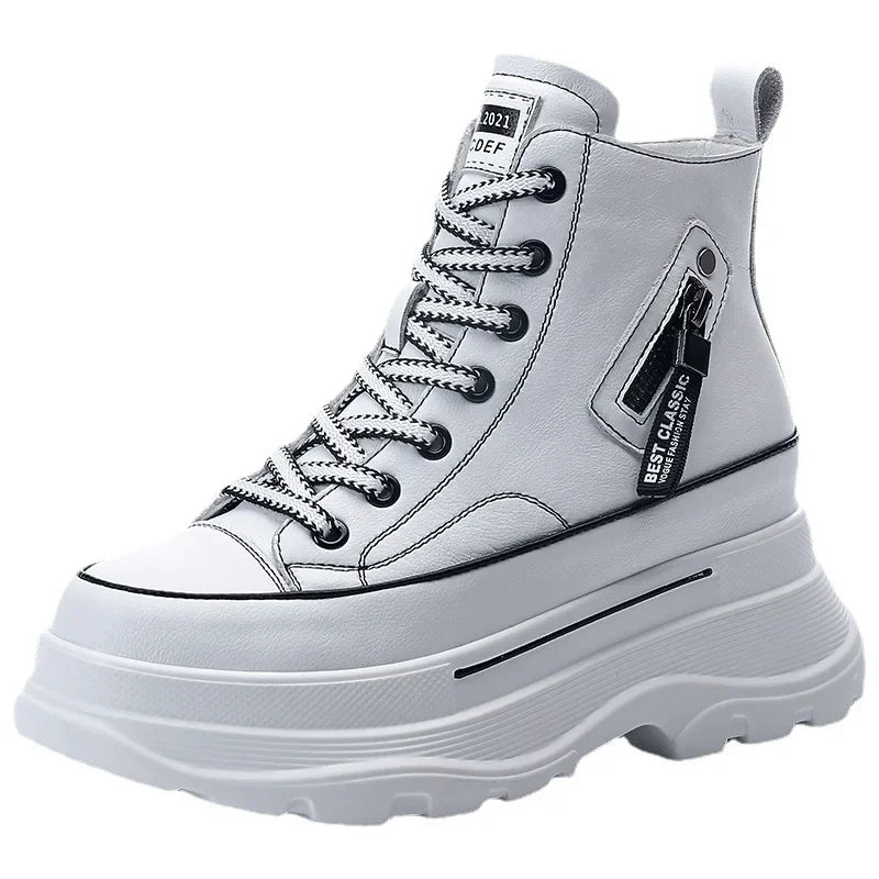 Baskets à semelles compensées en cuir véritable pour femmes