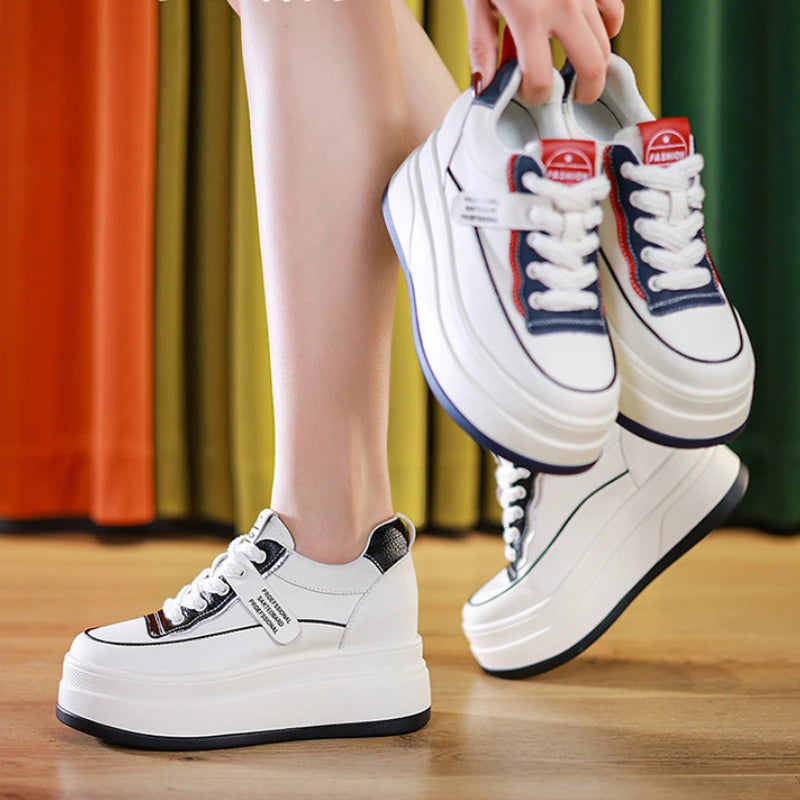 Basket compensées en cuir véritable pour femme