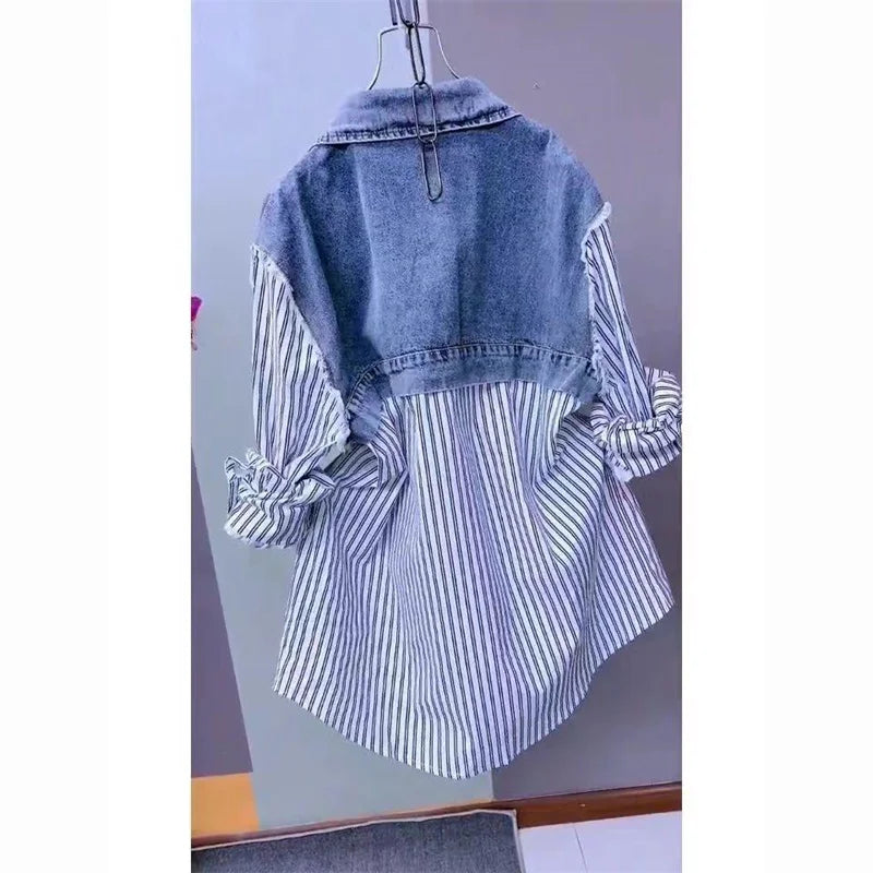 Veste en jean rayée longue et courte pour femme