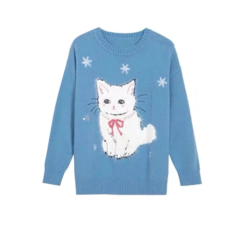 Pull ample brodé de chat bleu pour femme à manches longues et col en o