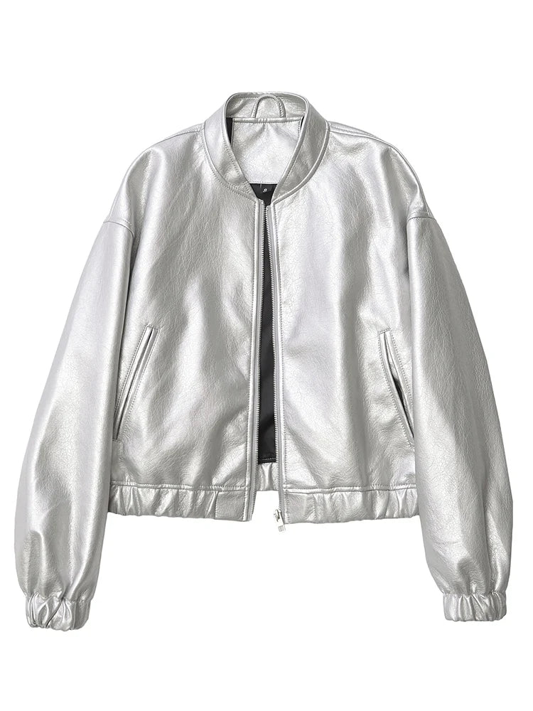 veste pour femmes argent court en Faux cuir fermeture éclair