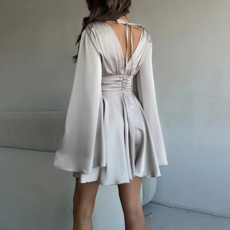 Robe de Soirée en Satin Évasée à Manches pour Femme