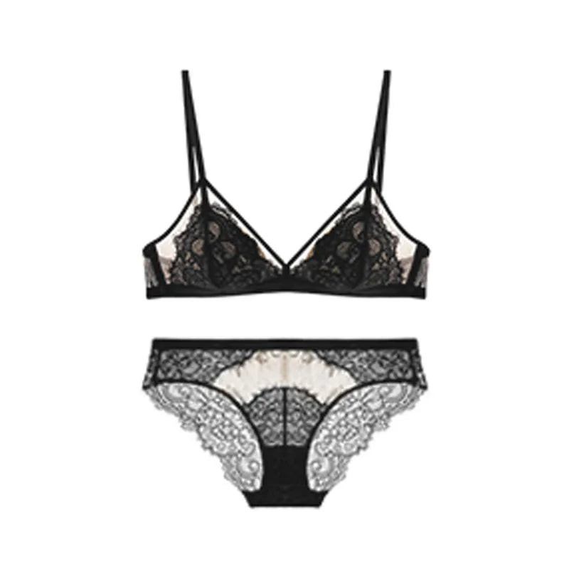 Ensemble de Lingerie Sexy en dentelle pour femmes, sous-vêtements français sans anneau en acier, Triangle, bonnet 3/4, soutien-gorge froncé, slip