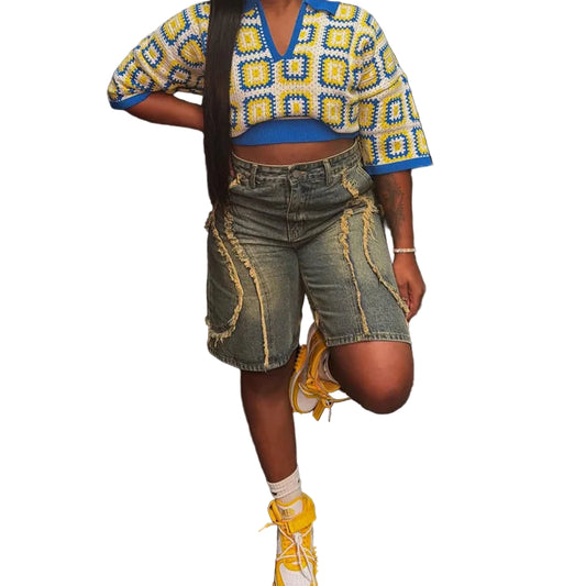 Short en jean délavé à bordure brute pour femmes