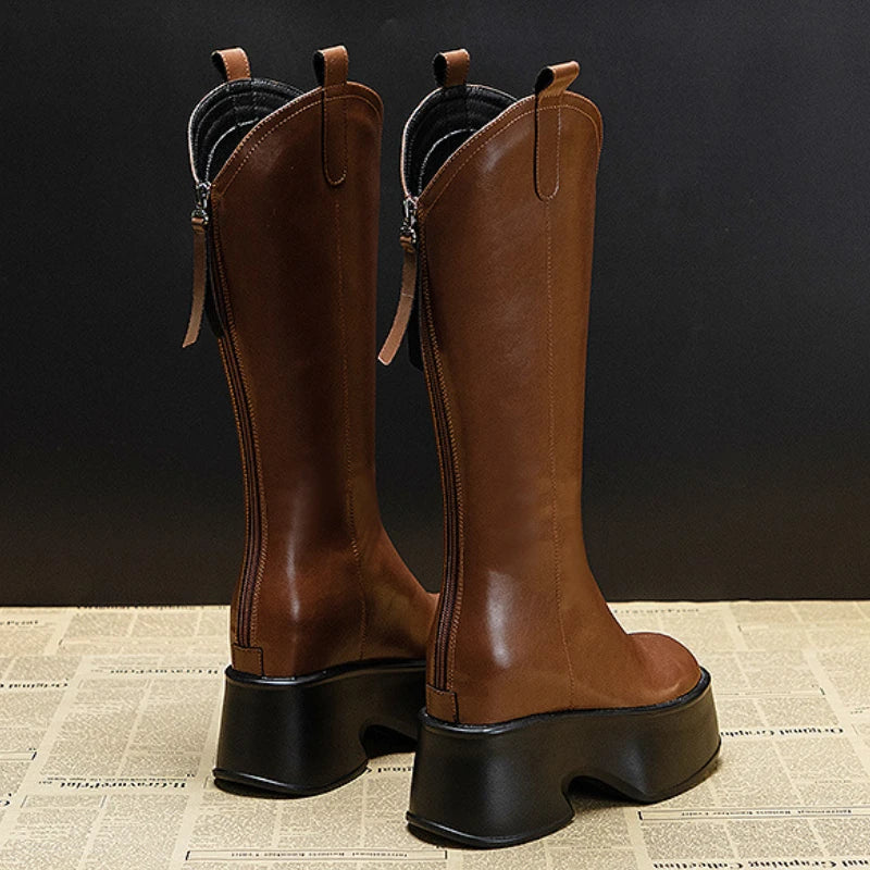 Bottes en cuir véritable synthétique pour femme, chaussures mi-mollet, hauteur du genou 11cm