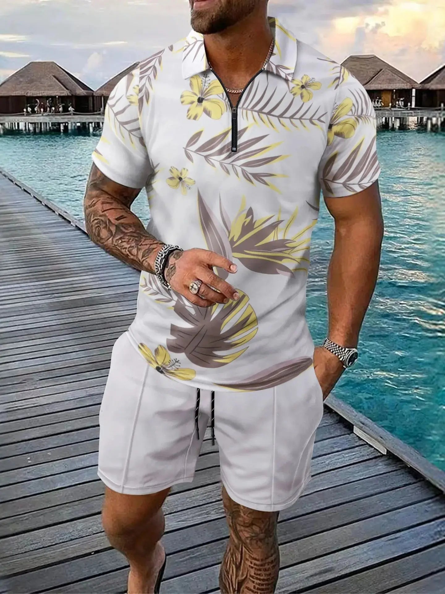 Ensemble de plage décontracté à manches courtes et fermeture éclair pour hommes