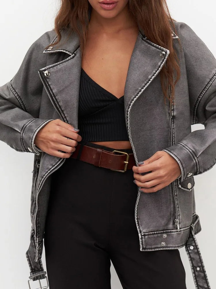 Vente ample épissé Faux cuir veste Streetwear pour femme fermeture éclair ceinture