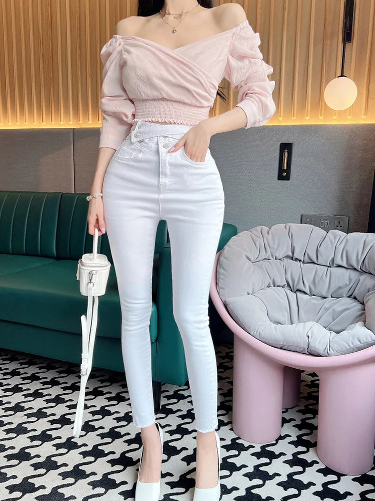 Jean élastique de haute qualité pour femme avec boucle latérale, taille haute