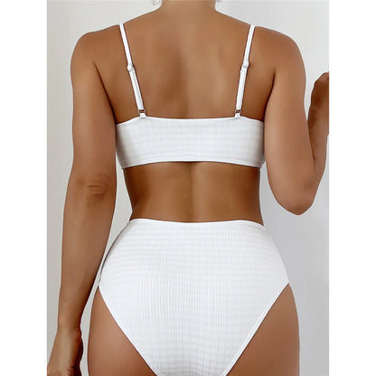 Maillot de bain deux pièces pour femme, bikini côtelé taille haute avec perles