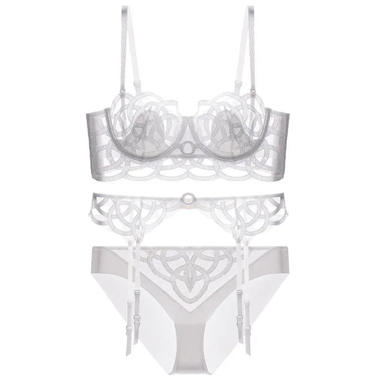 Ensemble 3 pièces soutien-gorge Push up + jarretières + string en dentelle transparent pour femmes