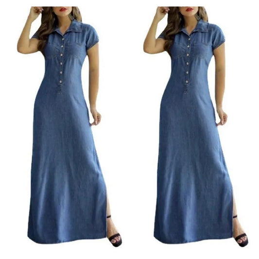 Robe Longue en jean avec Col Chemise et Poches Fendues