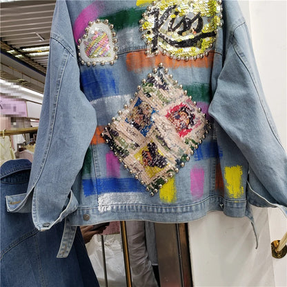 Veste en jean à paillettes multicolores pour femme