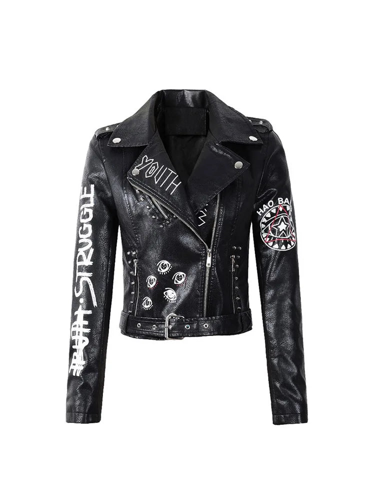Veste vintage Graffiti imprimé Slim pu similicuir pour femme