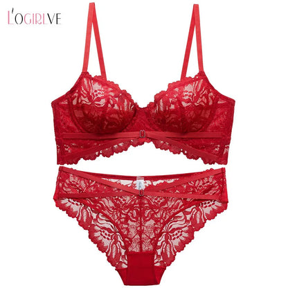 Ensemble de soutien-gorge push-up en dentelle brodée pour femmes, sous-vêtements sexy, bonnet ultra-fin