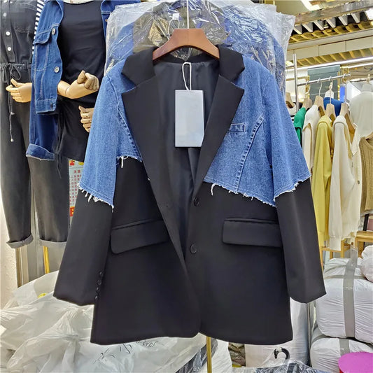 Veste blazer patchwork en denim vintage pour femme