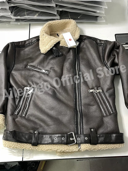 veste pour femmes ample chaud Faux cuir agneau fourrure fermeture éclair ceinture épissé