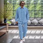 Ensemble chemise à revers et pantalon décontracté confortable en coton et lin pour hommes