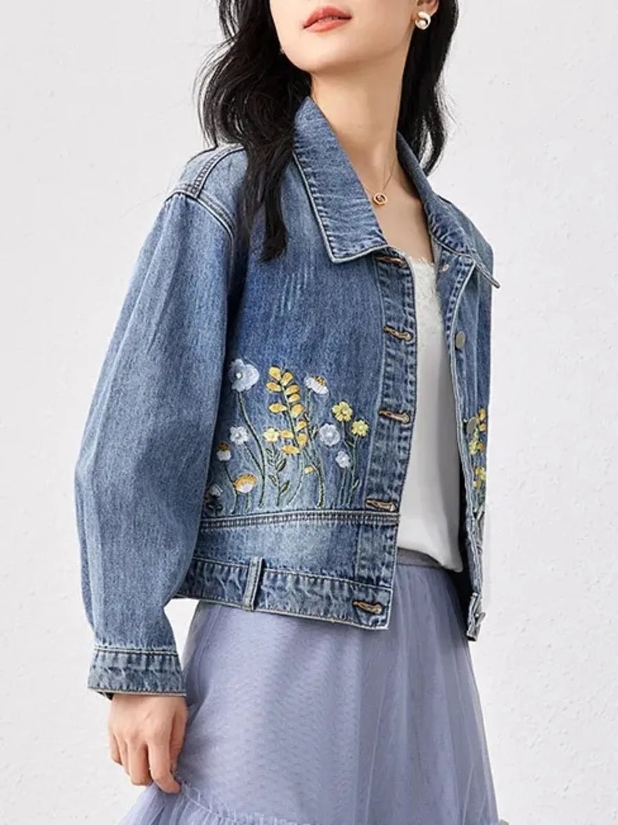 Veste en jean courte brodée florale pour femme