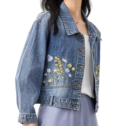 Veste en jean courte brodée florale pour femmes