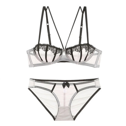 Ensemble demi-tasse et culotte en dentelle transparente brodée