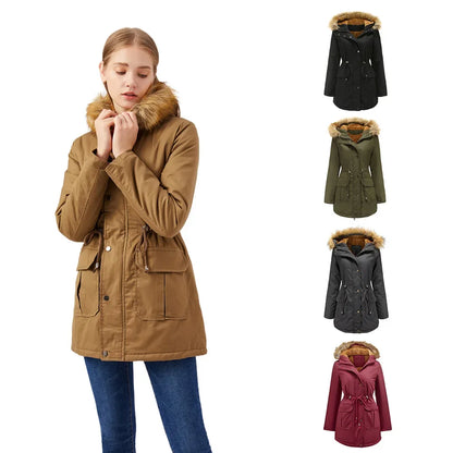 Vestes pour femmes Parkas mode femme vêtements longs manteaux doublure en laine à capuche mince avec col en fourrure