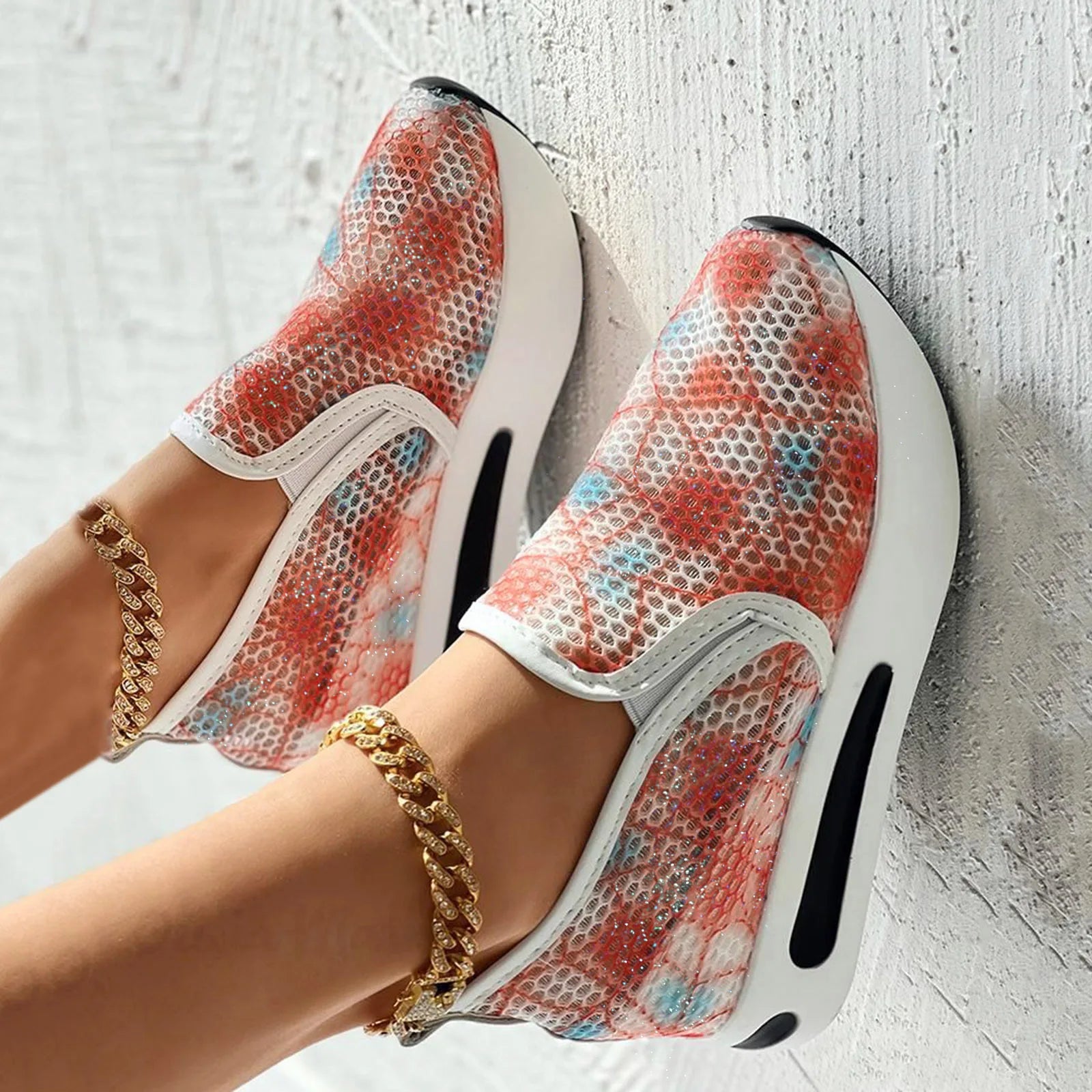 Baskets en maille respirante à plateforme plate en dentelle pour femmes