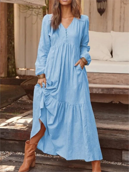 Robe longue pour femmes, ample, mode, col en v, décontractée, couleur unie, manches longues